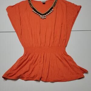Cache Embellished Plunging V Neck Top Size XS Blouse Women Tank Top Orange Jewel